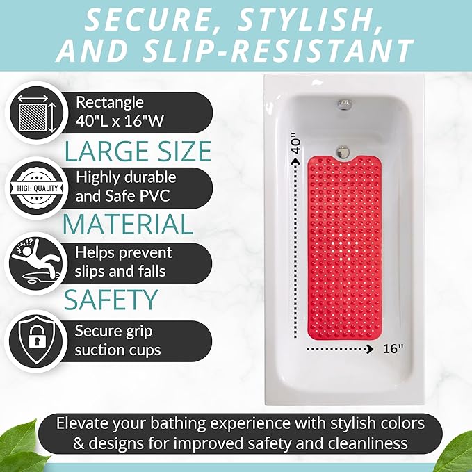 ENKOSI Non-Slip Bath Mat – Extra Long 40 x 16 Bathtub Shower Mat – Anti Slip Safe PVC Bathroom Tub Mat with Suction Cups & Drain Holes for Safety and Decor (40x16 Red)