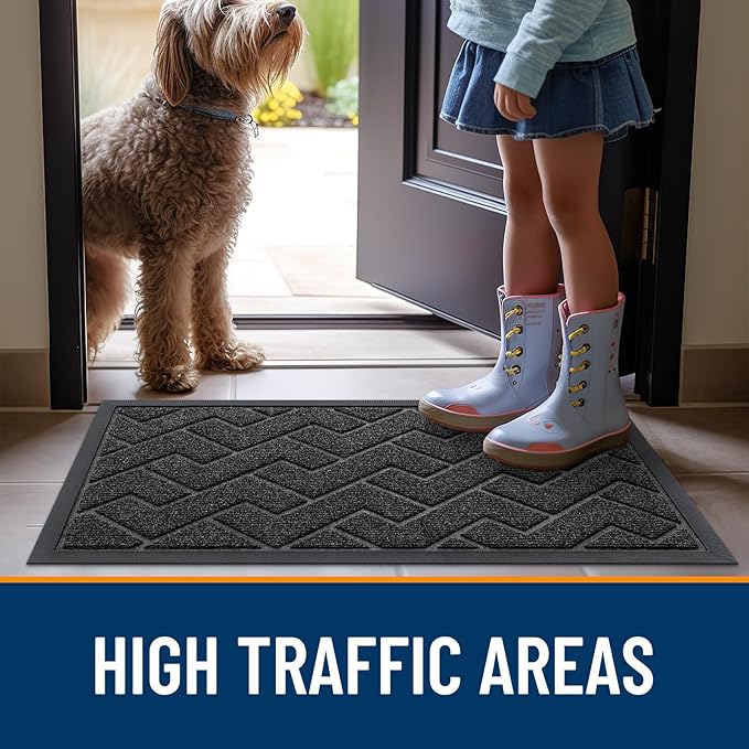 OLANLY Front Door Mat Indoor Outdoor Entrance, Waterproof All-Season, All-Weather Doormat, Sturdy Natural Rubber, Low Profile, Easy Clean Patio Porch Entryway Mat, Herringbone Brick (Black, 59x23)