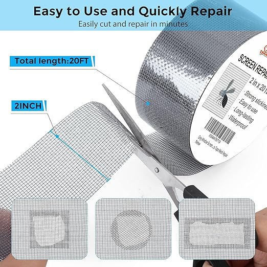 Grey Window Screen Repair Tape, 2IN X 20FT Screen Repair Kit for Windows or Doors, Strong Adhesive Fiberglass Mesh Patch Tape