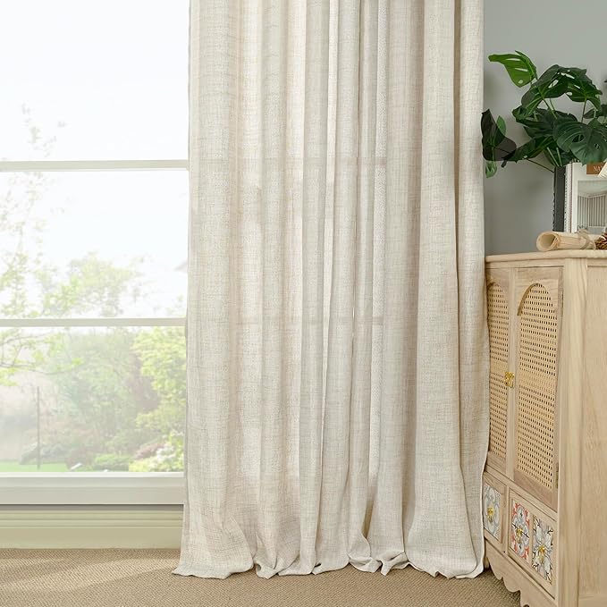 YoungsTex Linen Semi Sheer Curtains 78 Inch Length for Living Room, Boho Cream Light Filtering Window Drapes Textured with Rod Pocket Back Tab for Dining Bedroom, 2 Panels, 52 X 78 Inch