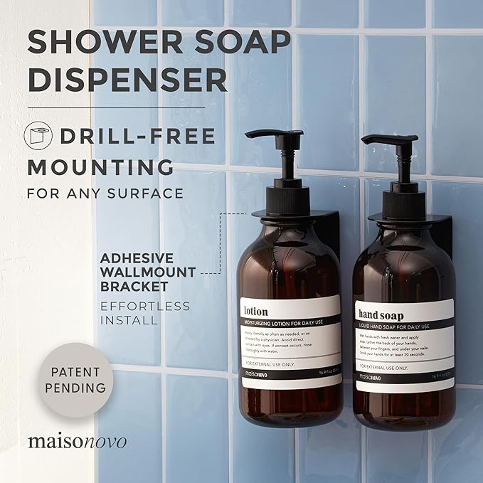 MaisoNovo Shampoo and Conditioner Dispenser - Shower Soap Dispenser Wall Mounted - 16.9 fl oz Set of 2 Amber Plastic Bottles Black Pump - Shampoo Dispenser, Shower Dispenser 2 Chamber No Drill