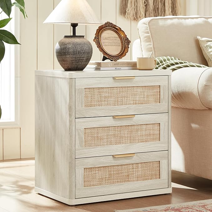 LEYAOYAO Rattan Night Stand with Drawers, 23" Large 3 Drawer Boho Nightstand, Grey White Bedside Table Storage Cabinet, Bed Side End Tables Dresser for Bedroom, Living Room, Hallway, Closet