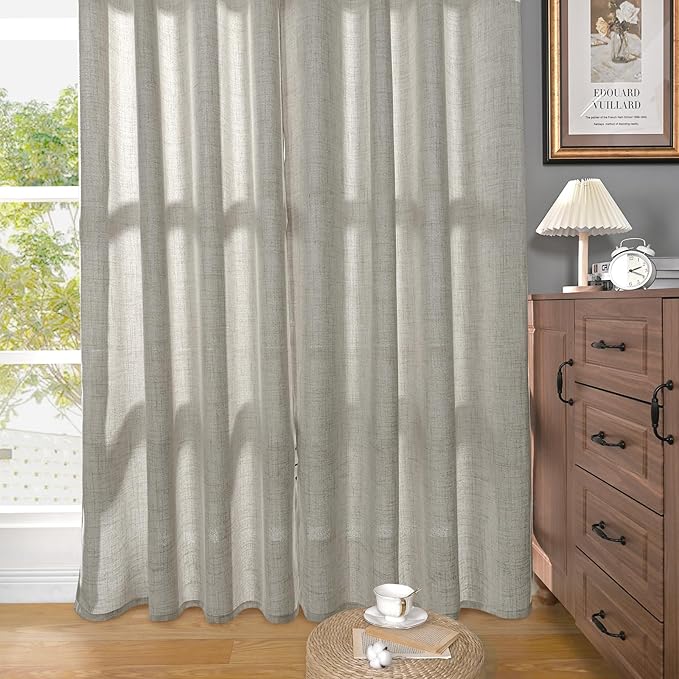 YoungsTex Dark Grey Linen Semi Sheer Curtains 36 Inch Length for Cafe Winow, Short Drapes Light Filtering with Rod Pocket Back Tab for Bathroom, 2 Panels, 42 X 36 Inch
