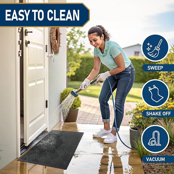 Smiry Front Door Mat Outside Entrance, Heavy Duty Outdoor Indoor Natural Rubber Doormat, Non Slip, Trap Dirt and Moisture, Easy Clean, Low Profile Patio Porch Entryway Mat, 29.5x17, Black