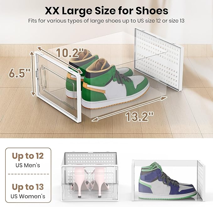 12 Pack XXX-Large Modular Clear Plastic Stackable Shoe Storage Organizer for Closet, Space Saving Versatile Sneaker Shoe Rack Containers Bins Holders, Portable Closet Organizers and Storage, White