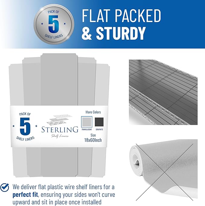 Shelf Liners for Wire Shelf System: Set of 5 in Clear: 18 x 60 inch: Plastic Wire Shelving Shelf Mats