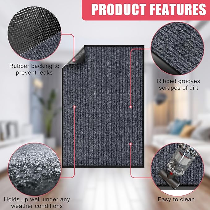 Kuyal Front Door Mat, 2'x4' Indoor Outdoor Entrance, Commercial Floor Inside Outside Entrance, Heavy Duty Durable Welcome Mat, Rubber Backing Non Slip Outdoor Rug for Entryway,Dark Gray