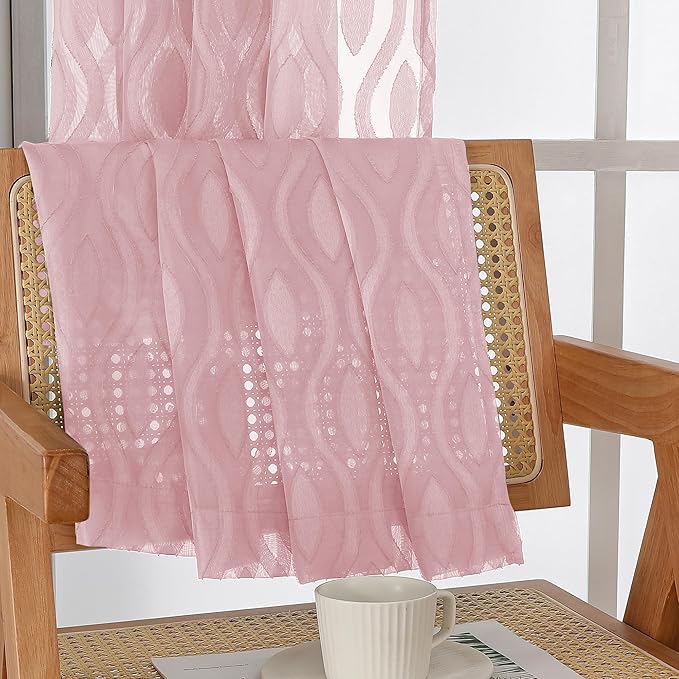 Aiyufeng Blush Pink Curtains Tiers 36 Inch Length 2 Panels Set, Airy Lightweight Clip Jacquard Window Curtians, Modern Wavy Line Textured Voile Sheer Curtains for Small Windows, 40" Wx36 L Inch