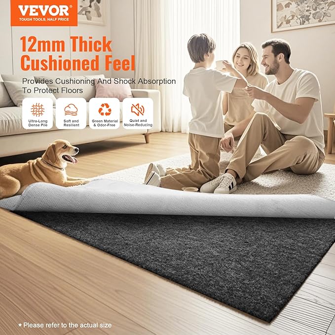 VEVOR Non-Slip Resistant Rug Pad, Protective Cushioning Carpet Pad, 2'x8' (7.875' Actual), 1/4" Thick, Dual Surface, Polyester Felt + Latex, 1-2㎡ Area Carpet Padding Rug Cushion for All Floors, Gray