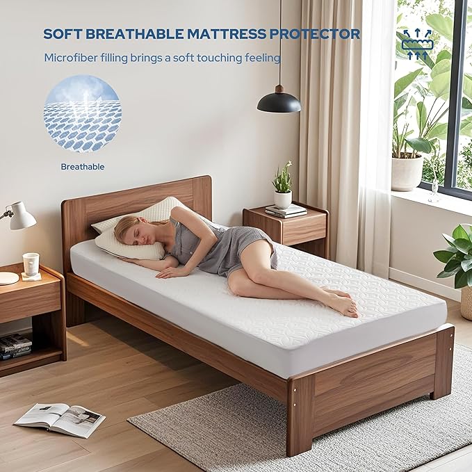 BEDLORE Waterproof Mattress Protector, Twin XL Size Mattress Pad with Deep Pocket 6"-15" Depth, Soft Breathable Bed Mattress Cover for Bedroom, College Dorm (White)