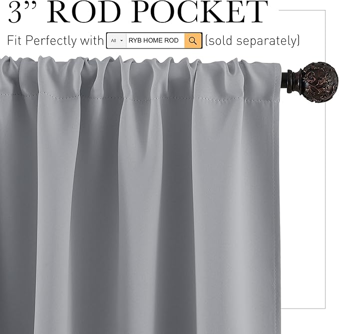 RYB HOME Small Curtains for Door Windows - Blackout Thermal Insulating Drapes for Home Theatre Bathroom Basement Cafe RV Camper Windows Blinds, Wide 34 x Long 30, Silver Grey, 1 Pair