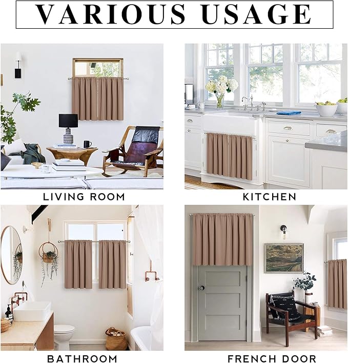 RYB HOME Small Window Curtains with Rod Pocket Design, Blackout Privacy Curtains Drapes Energy Efficient Covering for Closet Pantry W 29 x L 45 inches, 2 Panels, Mocha