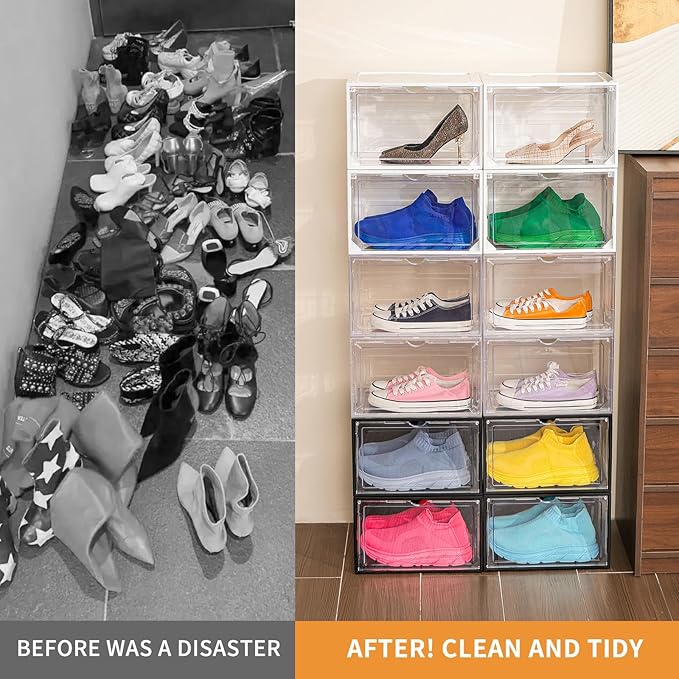 12 Pack Clear Shoe Boxes Stackable,Large Shoe Storage Organizer with Magnetic Door,Drop Side Shoe Containers for Entryway,Sneaker Storage Fit up to US Size 12 for Men/Women