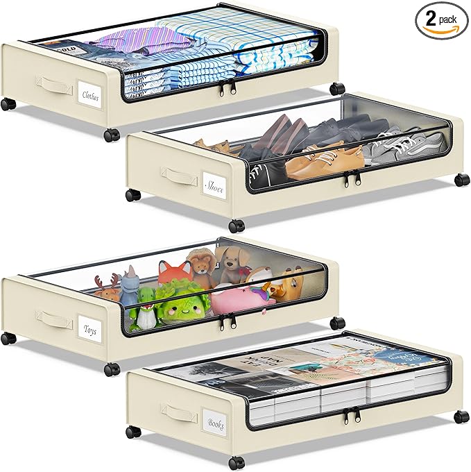 Under Bed Storage with Wheels, Under the Bed Storage Containers with Clear Lids & Label, Underbed Storage Bins, XXL 60L Rolling Metal Drawer for Clothes, Shoes, Toys, Books (4-Pack Beige)