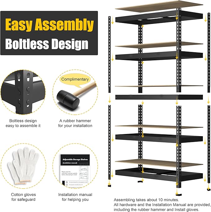 PrimeZone 48" x 24" x 72" Heavy Duty Storage Shelves - 5 Tier Adjustable Garage Storage Shelving, Metal Storage Utility Rack Shelf Unit for Warehouse Pantry Closet Kitchen, Black