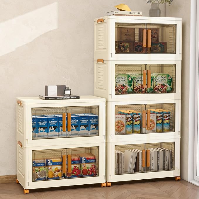 Plastic Stackable Storage Bins with Lids and Wheels, Foldable Closet Organizers and Storage Containers for Bathroom, Collapsible Clear Drawer Storage Cabinet with Doors White 22.4Gal 4Tiers