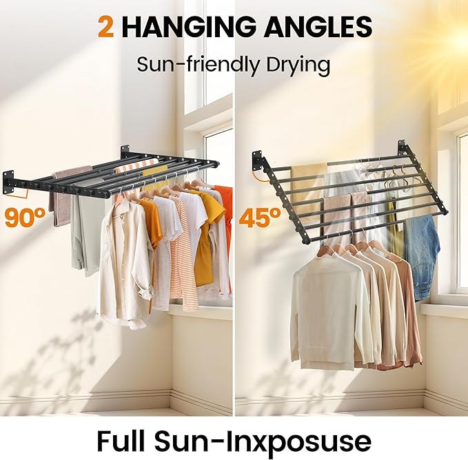 Wall Mounted Clothes Drying Rack 43 Inch – Foldable Laundry Drying Rack for Wall Mount, Space Saving Indoor Drying Rack for Clothes, Compact & Sturdy Design