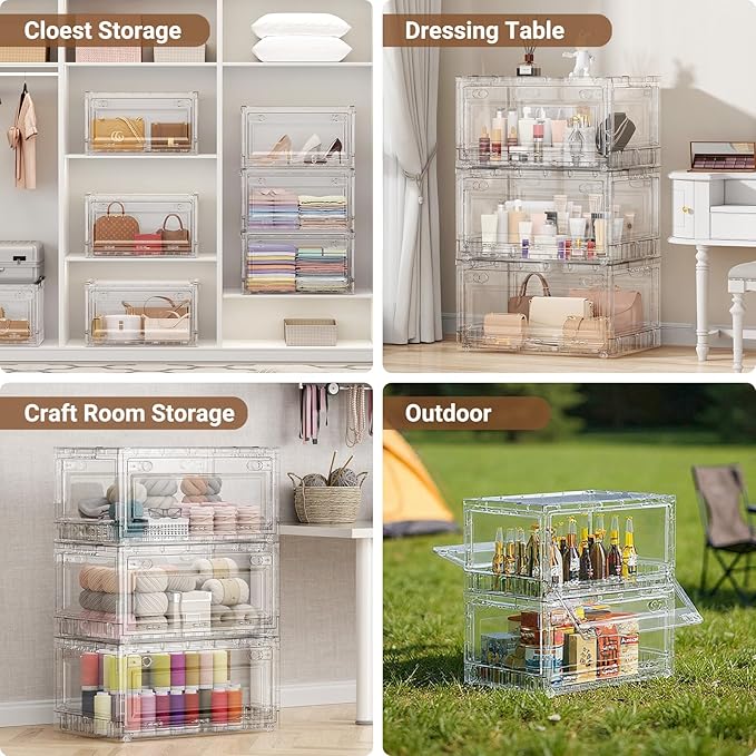 BROVIEW Clear Stackable Storage Drawers, Open Front Large Plastic Storage Bins with Lids, Foldable Closet Organizers and Storage for Wardrobe Cabinets, Pantry, Makeup,1 Pack