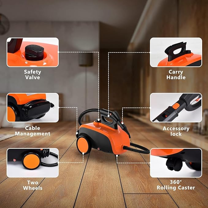 ARLIME Multi-Purpose Steam Cleaner with 19 Accessories, Household Rolling Steamer Cleaning Mop for Carpet, Cars, Floors W/ 1.5L Tank & Extra-Long Power Cord