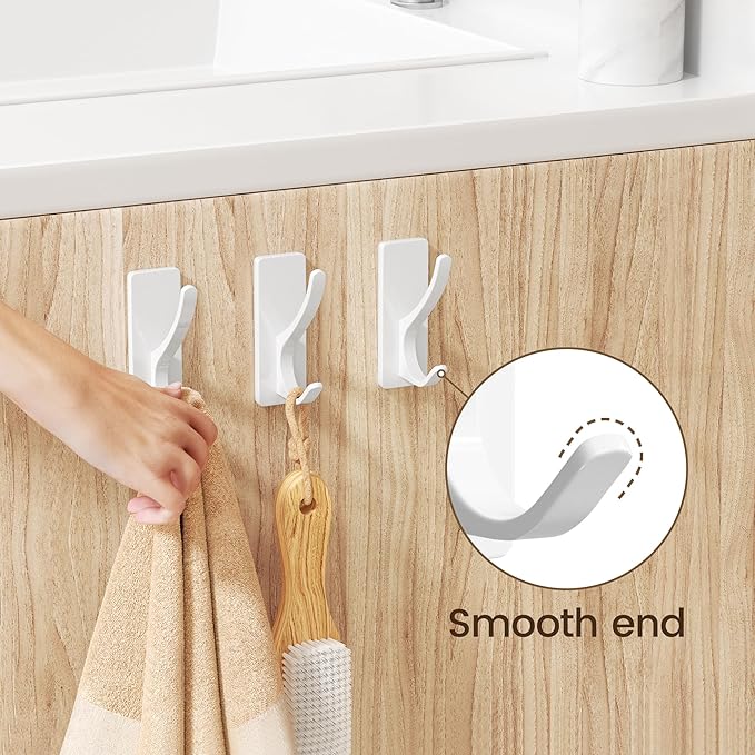 Self Adhesive Coat Hooks for Hanging, Heavy Duty Stainless Double Wall Hook for Towel, Backpack, Hat, Sturdy Metal Hanger for Bathroom, Bedroom, Door, Wall Mounted, 10 Pack, White