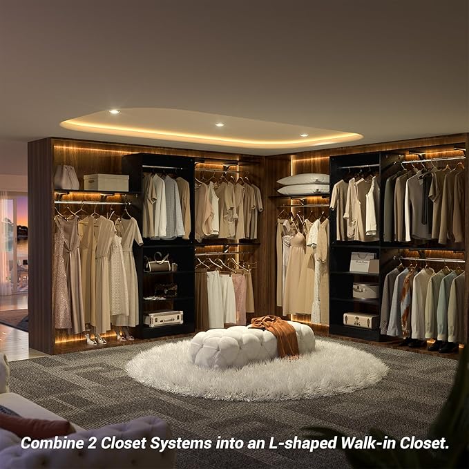 8FT Closet System with Shelves, 96'' Closet Organizer System with 3 Hanging Rods, Wall Mount Bedroom Wardrobe Walk-in Closet, Adjustable Cloth Garment Rack from 5 to 8FT (Cut to Fit), Black