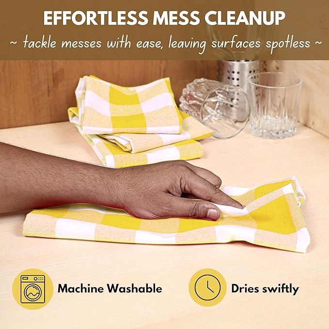 Native Fab Yellow Buffalo Dish Towel 16"x26", Set of 12 - Cotton Plaid Towels, Soft Absorbent Dishcloths with Hanging Loop, Kitchen Towels for Quick Drying - Yellow White