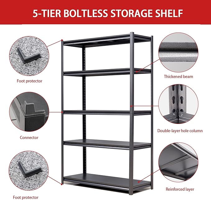 72" H Garage Shelving, Metal Storage Shelves, Adjustable 5 Tier Storage Rack, Heavy Duty Shelving, Industrial Utility Shelf for Garage, Warehouse, Bedroom, Kitchen, 24" D×48" W×72" H, Black