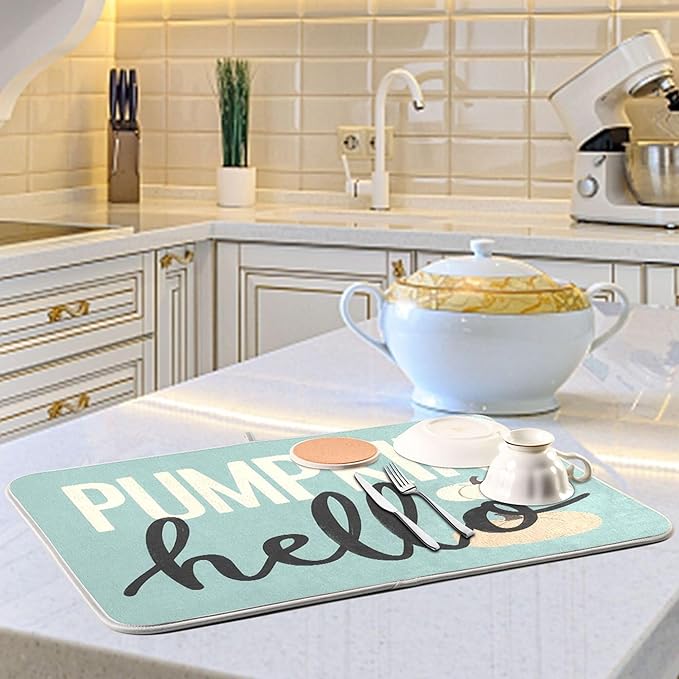 Hello Pumpkin Turquoise Fall Dish Drying Mat for Kitchen Countertop 16x18 Aqua Teal Autumn Small Drying Mat Reusable Quick Dry Dish Sink Mats Easy Clean Decorative Essentials
