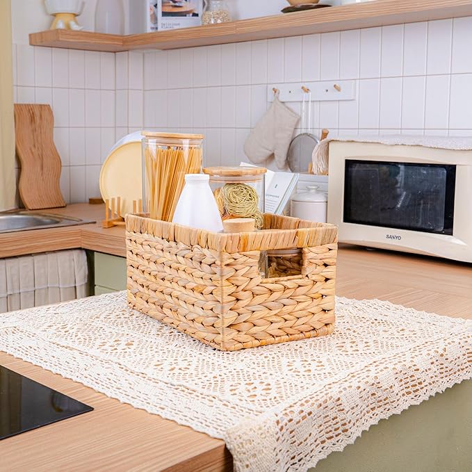 Set of 3 Water Hyacinth Storage Baskets – Wicker Baskets for Shelves, Decorative Woven Organizer Bin for Bathroom, Closet, or Pantry (3-Pack Medium)