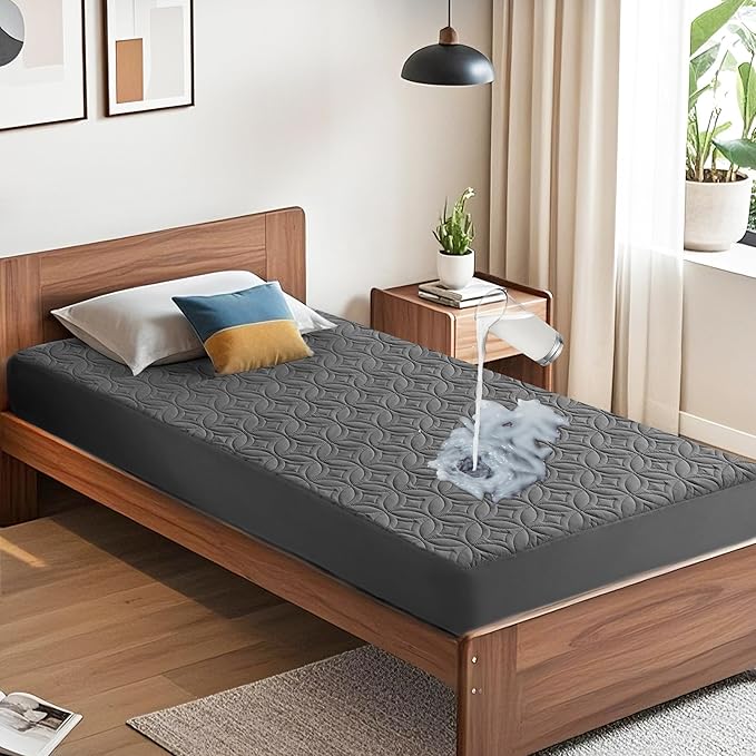 BEDLORE Waterproof Mattress Protector, Twin Size Mattress Pad with Deep Pocket 6"-15" Depth, Soft Breathable Dirt-Proof Single Bed Mattress Cover for Bedroom, Dorm Room (Gray)