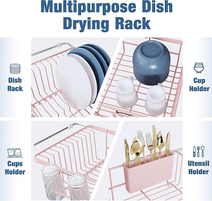 Over the Sink Expandable Dish Drainer Drying Rack In Stainless Steel for Small Kitchen, Counter Space Saving Compact Metal Above Plate Dryer Strainer, Pink Adjustable Hanging Inside Drain Holder
