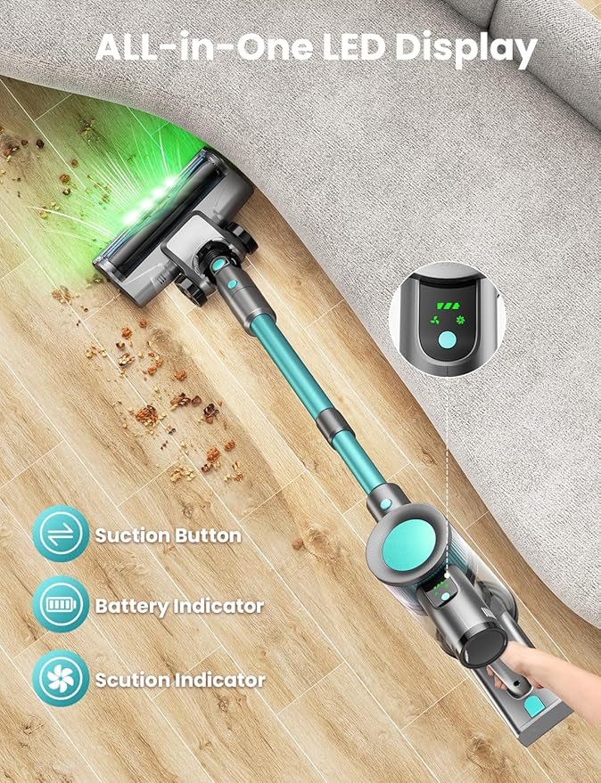 Dzaki Cordless Vacuum Cleaner, Stick Vacuum with Smart LED Display, 50KPA 55Mins Vacuum Cleaners for Home, Powerful Suction, Anti-Tangled Lightweight Rechargeable Vac for Pet Hair, Carpet, Hard Floor