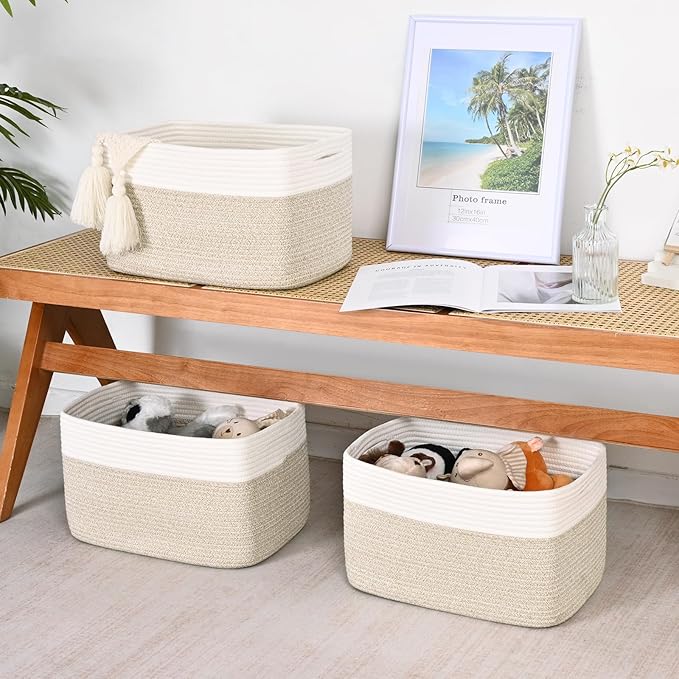 Shelf Baskets for Organizing, Woven Storage Basket for Shelves, Cotton Rope Storage Bins for Toys Books, Nursery Towel Baskets for Classroom, 14.96"X9.8"X8.85", 3-Pack White/Brown