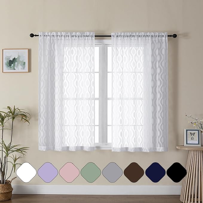 Aiyufeng White Sheer Curtains 45 Inch Length 2 Panels Set, Farmhouse Clip Jacquard Textured Short Curtains, Lightweight Chic Wavy Line Window Curtains Drapes for Bedroom, 40" Wx45 L Inches