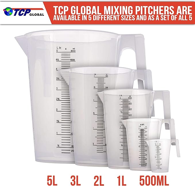 TCP Global 1 Liter (1000ml) Plastic Graduated Measuring and Mixing Pitcher (Pack of 6) - Holds Over 1 Quart (32oz) - Pouring Cups, Measure & Mix Paint, Resin, Epoxy, Kitchen Cooking Baking Ingredients