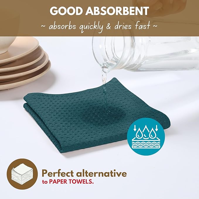 Native Fab Cotton Kitchen Towel with Hanging Loop 16x26 inches, 12-Pack, Waffle Weave Kitchen Towels for Cleaning Drying, Washcloths Soft & Absorbent Cloth Rags, Bar Towel, Dish Cloth, Teal Green
