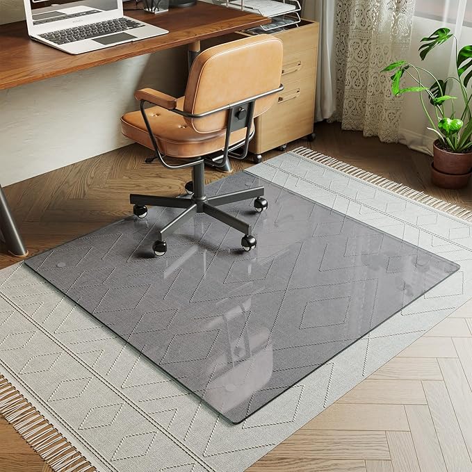 Koonmi Tempered Glass Chair Mat for Hardwood Floors & Carpets, 40" x 60“ Grey Heavy Duty Office Floor Protector with Noise-Free Gliding Shatterproof for Home Office Desk