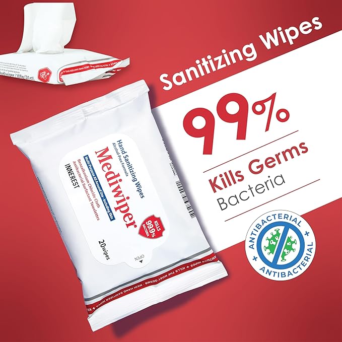 Mediwiper 20 Count Alcohol-Free Sanitizing Wipes Disinfecting Large Unscented Wet Wipes Bulk, Hand Sanitizer (20 Wipes, 100 Wipes (20 * 5))