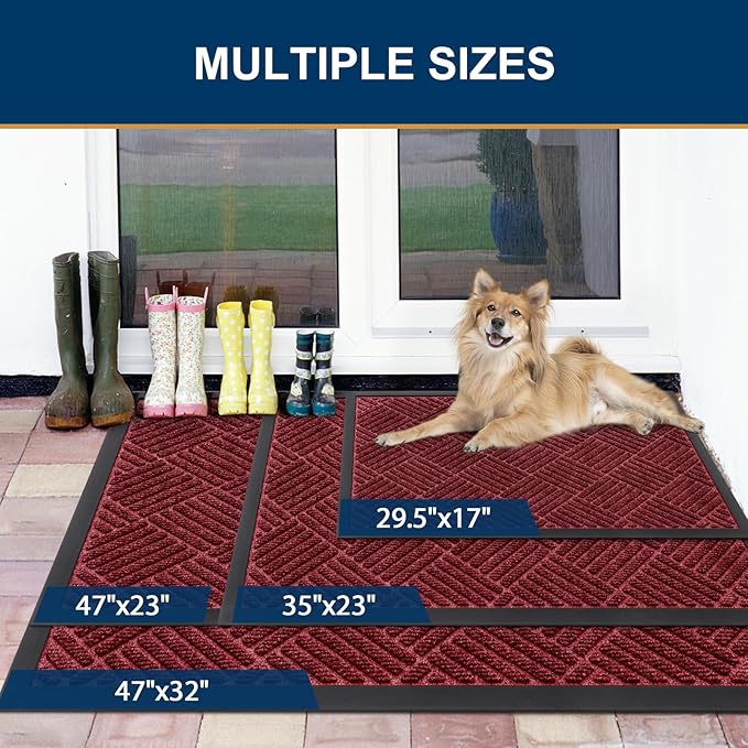 Smiry Front Door Mat Outside Entrance, Heavy Duty Outdoor Indoor Mat, Natural Rubber Doormat, Non Slip, Trap Dirt and Moisture, Easy Clean, Low Profile Patio Porch Entryway Mat, 47x23, Wine Red
