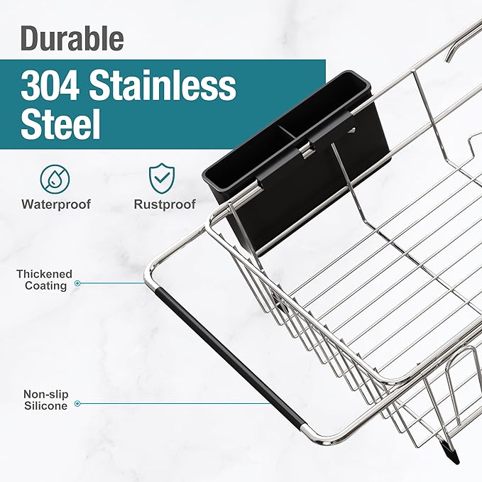 JASIWAY Dish Drying Rack in Sink, Expandable Stainless Steel Dish Drainers for Kitchen Counter, Dish Dryer Rack for Inside Sink, Over The Sink Dish Racks with Utensil Holder, Silver