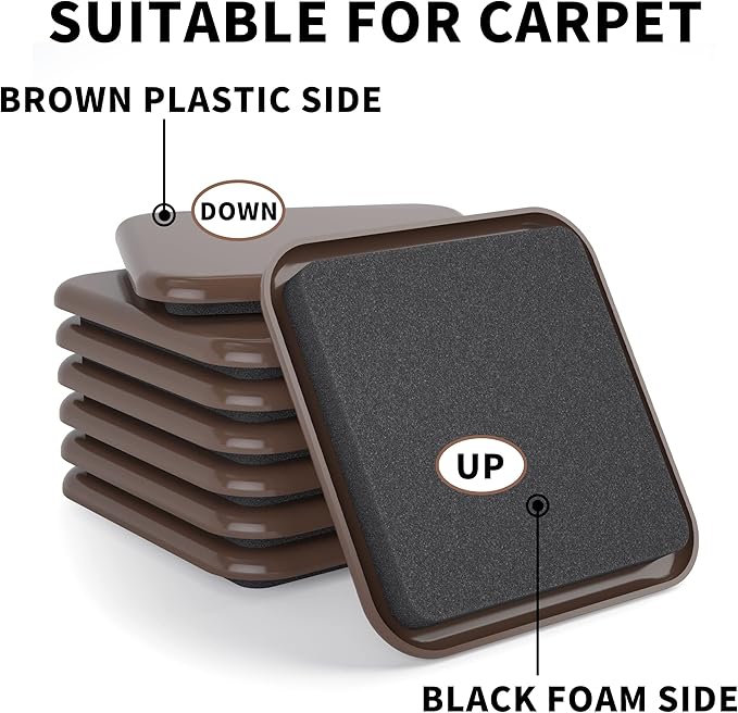 Furniture Sliders, 8 pcs-4 3/4” Square Brown Furniture Sliders for Carpet, Heavy Duty Furniture Movers Sliders, Reusable Furniture Moving Pads, Floor Protectors for Carpet