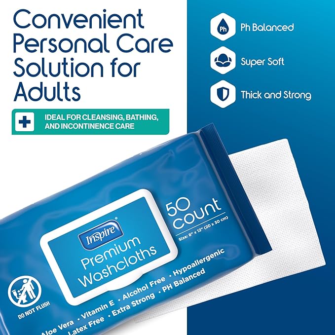 Inspire Adult Wet Wipes, Wash Cloths | Adult Wipes for Incontinence & Cleansing for Elderly, 8"x12" (200 count)