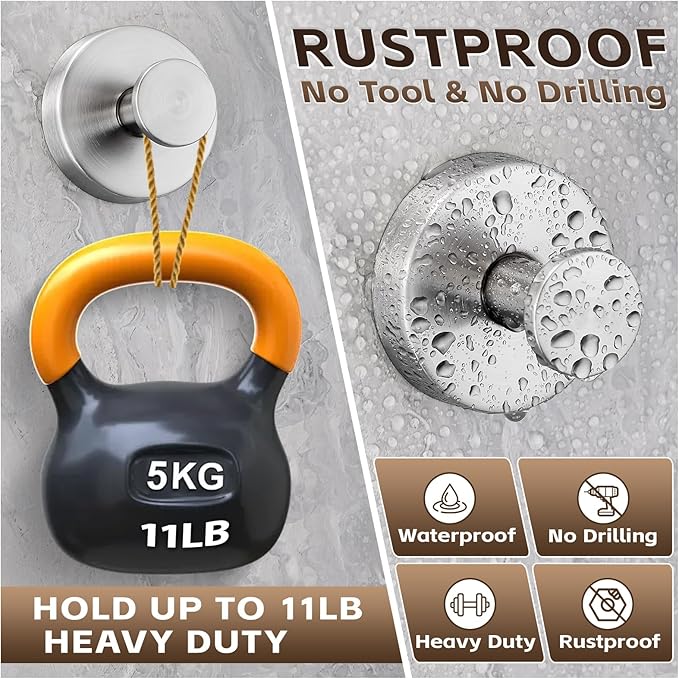 Reusable Heavy Duty Suction Cup Hooks for Kitchen/Bathroom/Shower - Wet-Proof Hooks for Towels, Robes, Loofah&Wreaths/No Drill Mounting on Glass, Tile, Metal (2, Brushed Nickel)