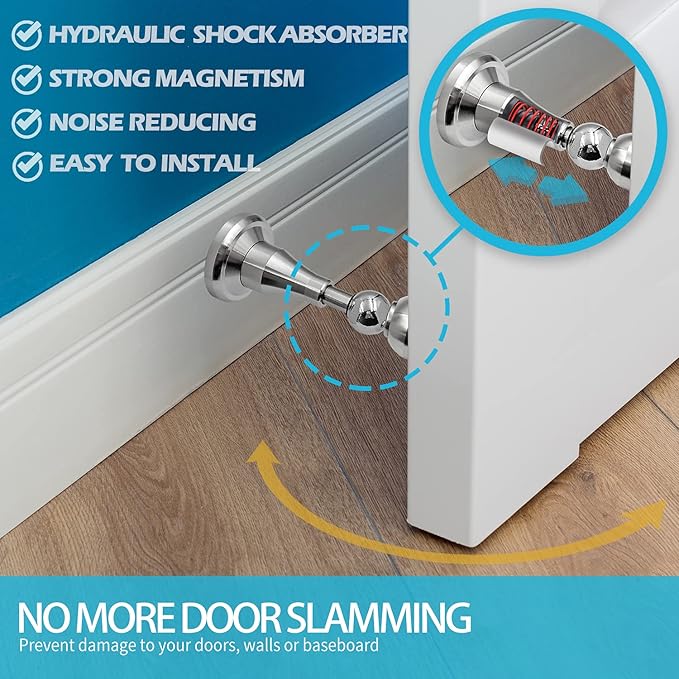 Neoera Magnetic Door Stopper, Updated Hydraulic Shock Absorbent Technology, Soft-Catch Magnetic Hold, Premium 304 Stainless Steel, Anti-Rust, Heavy Duty for Various Door Types, Wall Mount 6Pack