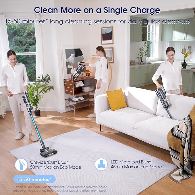 35,000pa Cordless Vacuum Cleaner, Max 50 Minutes, Lightweight Cordless Cleaners for Home, Stick and Handheld Vacuum for Carpets, Hard Floor, Pet Hair, Cars (Blue)