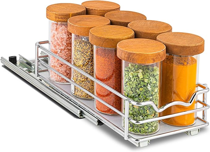 Pull Out Cabinet Organizer for Spices, Cans - Heavy Duty with Lifetime Limited Warranty- Pull Out Spice Rack- Cabinet Pull Out Shelf for Cans,Dishes, Etc, 4-1/2"W x 10-1/2"D x 2-3/4”H, Chrome