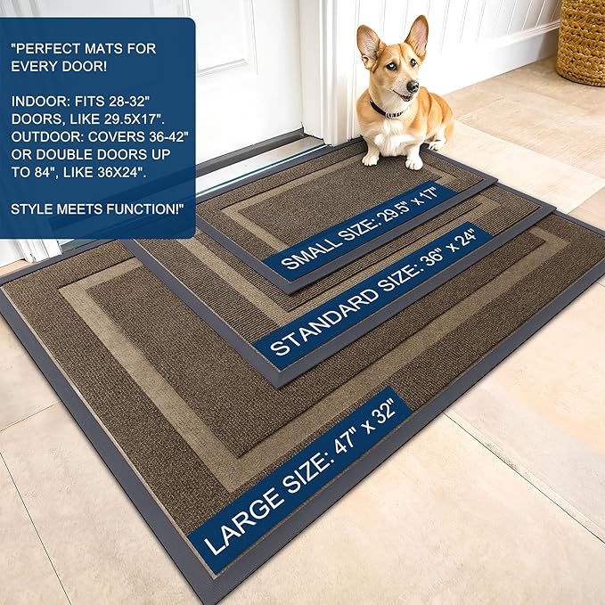OLANLY Front Door Mat Indoor Outdoor Entrance, Waterproof All-Season, All-Weather Doormat, Sturdy Natural Rubber, Fade Resistant, Low Profile, Easy Clean Patio Porch Entryway Mat, 71x47, Brown