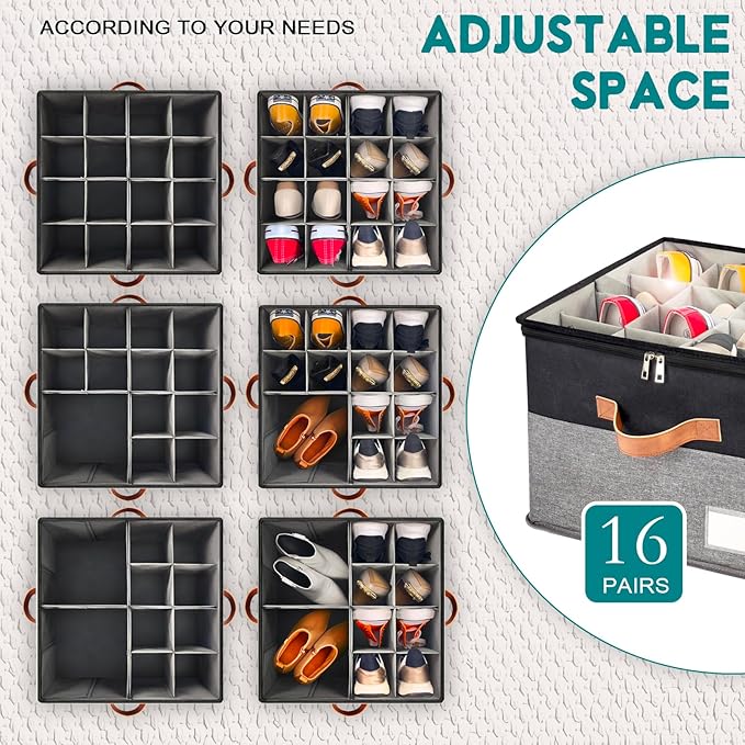 Shoe Organizer for Closet, Foldable Shoe Storage Bins with Clear Cover, Space Saving Shoes Holder with 4 Handles, Large Adjustable Shoe Box Storage Containers, Fits 8-16 Pairs, 1 Pack, Black