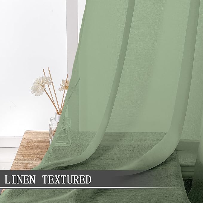 Tollpiz Short Sheer Curtains Linen Textured Living Room Curtain Sheers Light Filtering Rod Pocket Voile Curtains for Bedroom, 42 x 45 inches Long, Sage Green, Set of 2 Panels