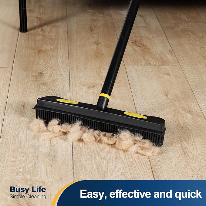 Yocada Pet Hair Removal Rubber Broom 2 in 1 Floor Brush with Squeegee Carpet Rake 57.5" Long Handle Fur Broom for Carpet Hardwood Floor Tile